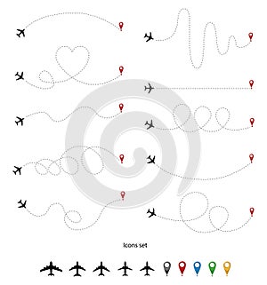 Airplane line path. Aircrafts and pins